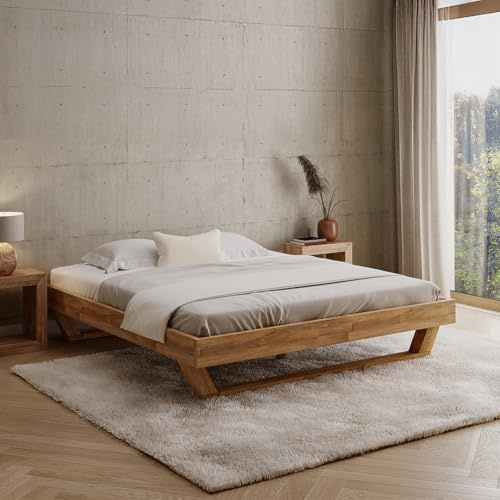 skølm Nornir Massivholzbett 180x200 cm – Bettrahmen aus Massivholz Eiche geölt – hochwertiges Holzbett mit Kufen Bettbeinen – Bettgestell ohne Bettkopf – geeignet als Doppelbett