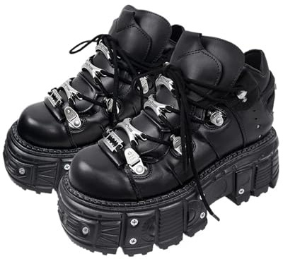 Générique Chaussures à lacets style punk for femmes, chaussures plateforme de 6 cm, bottines gothiques rock, baskets décoratives en métal(Black,43 EU)