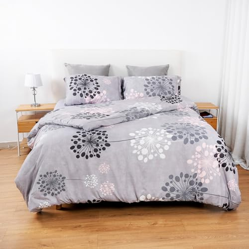 H HANSEL HOME Juego Nórdico 4 Piezas para Cama 150 – 100% Microfibra Suave y Resistente – Funda Nórdica + Sábana Bajera Ajustable + 2 Fundas de Almohada – Color Flores Grises