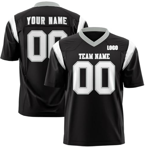 American Football Trikot Personalisiert mit Name/Nummer/Logo American Football Bekleidung Trikot T-Shirt für Herren Damen Erwachsene Kinder (Schwarz-3)
