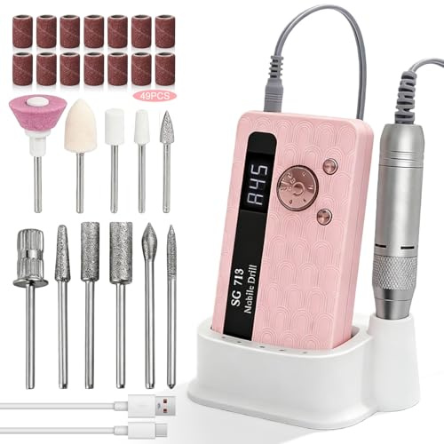 Ponceuse Pour Ongles, Professionnelle Rechargeable 45000 Tr Min, Lime a Ongle Electrique Portable Pour Gel et Acrylique, Ponceuse Ongle Sans Fil Avec Ecran Lcd, pour Salon Ou Maison, Couleur Rose