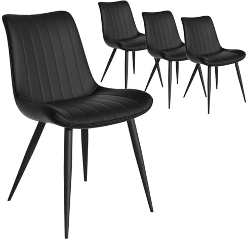 YLGJ&TIDY Set of 4 Faux Leather Dining Chairs Upholstered Padded Seat Sturdy Metal Legs High Backrest 4 Pu Leather Modern Chairs Set for Kitchen Bedroom Living Room (Black, 4PCS)