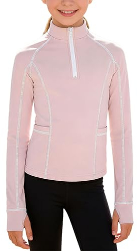 Miaeowve Kids Girls Horse Riding Zip-Up Shirt Stand Collar Long Sleeve Thumb Holes Top with Pockets Pink 7-8 Years
