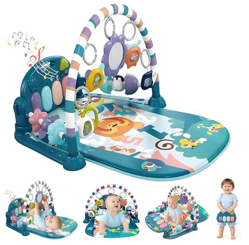 Baby Play Mat Baby Gym with 5 Detachable Activity Toys, Music and Lights, Funny Play Piano Tummy Time Baby Activity Mat, Play Mat Baby for 0-6 9 12 Months Newborn Boys and Girls Gift (Blue)