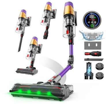 A12 Aspiradora sin Cable 50Kpa/600W/70Min, Aspirador Escoba con Depósito de Agua Extraíble, Tubo Plegable, Pantalla LED, Anti-Enredos, Batería Extraíble, para Alfombras y Mascotas (Morado Pálido)