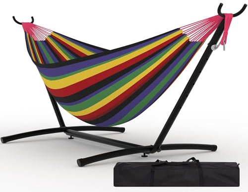 GarveeLife Hamaca Doble Soporte Hierro Plegable, Negro Rayas Arcoíris