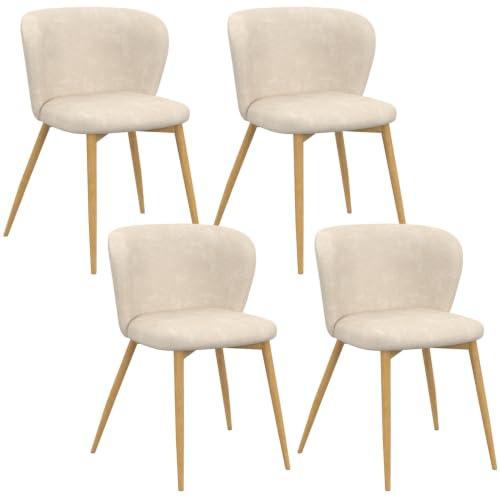 IDMarket - Lot de 4 chaises Paulie en Tissu Chenille Beige | Avec pieds effet bois, pour salle à manger