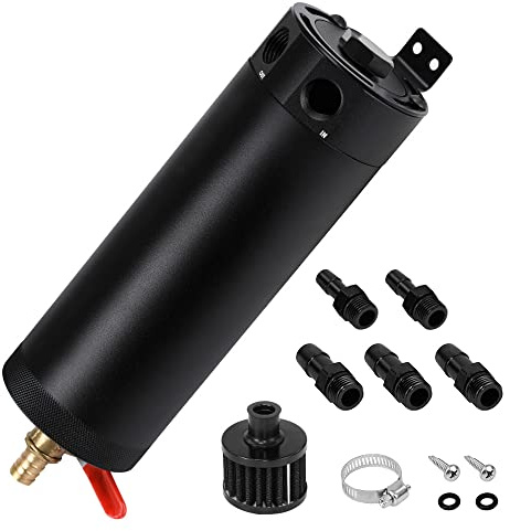 PTNHZ Universal 3/8 NPT Billet Aluminum Baffled 2-Port Oil Catch Can Tank with Breather Filter Engine Mini Oil Separator