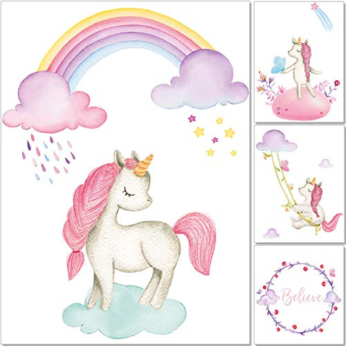 artpin® 4er Einhorn Bilder Set Dekoration Kinderzimmer - A4 Poster Regenbogen Rosa Babyzimmer - Deko Mädchen P55