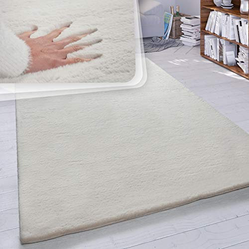 Paco Home Hochflor Teppich Wohnzimmer Schlafzimmer Shaggy Modern Flauschiger Fellteppich Weich Fell Imitat Kunstfell Einfarbig, Grösse:150 cm Quadrat, Farbe:Creme