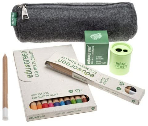 eduGREEN® – 18er-Set – 12 Buntstifte, 4 Stifte (Gold, Silber, Graphit, Weiß) mit Qualitätsmine in Graskarton-Schachtel. Inkl. Dosenspitzer und Filzschlamper aus recyceltem Filz