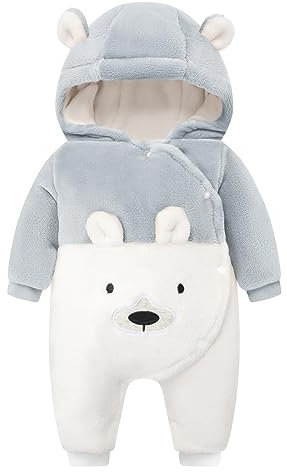 WYTbaby Baby Snowsuit Fleece Romper, Thicken Bear Hooded Jumpsuit For Toddler Girls Boys Infant Outfit 3-6 Months Grey
