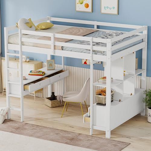 Moimhear Cama alta para niños de 140 x 200 cm, con cajones de almacenamiento y escritorio bajo la cama (140 x 200 cm, color blanco)