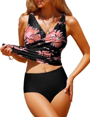 UMIPUBO Costume da Bagno Donna Due Pezzi Scollo a V Tankini Set Imbottito Reggiseno Sexy Push up Bikini Costumi da Mare Donna Vita Alta Beachwear Swimwear Spiaggia (Floral, XXL)