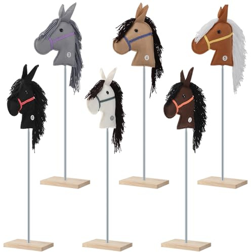 Relaxgiant 6 Pcs 47.24 Inches Stick Horse Plush Handcrafted Riding Horse on a Stick for Derby Racing Events, Sturdy Adjustable Metal Pole with Wood Base for Cowboy Party