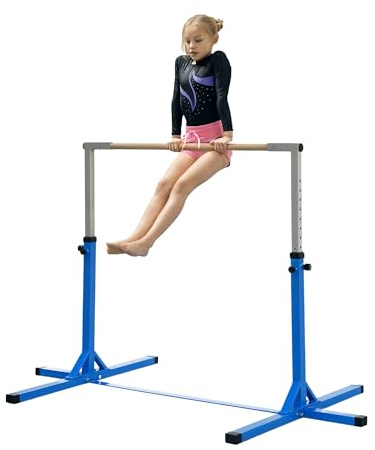 HOMCOM Barra de Gimnasia para Niños de +3 Años Barra de Entrenamiento con Altura Ajustable 92-150 cm Barra Horizontal de Gimnasia Carga 75 kg 194x121x150 cm Azul