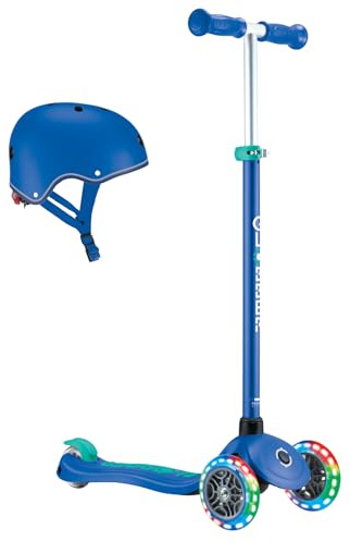 GLOBBER Primo Plus Lights – Tretroller und Helm Kinder, 120/80 mm, 3-rädrig, höhenverstellbar, LED-Leuchtrollen, blau