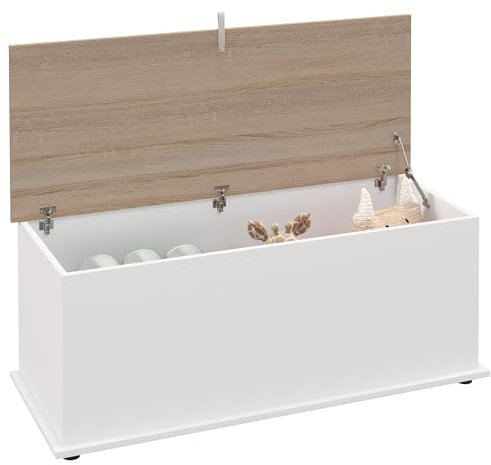 HOMCOM Baúl de Almacenamiento de Madera Arcón de Almacenamiento con Tapa Carga Máx. 120 kg para Dormitorio Salón 100x40x40 cm Natural y Blanco