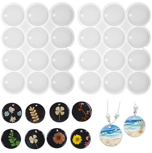 Snowtain Lot de 2 moules ronds en résine époxy, 12 cavités porte-clés rond en silicone avec trou, moules en silicone pour résine robustes moules en silicone pour la création de bijoux.