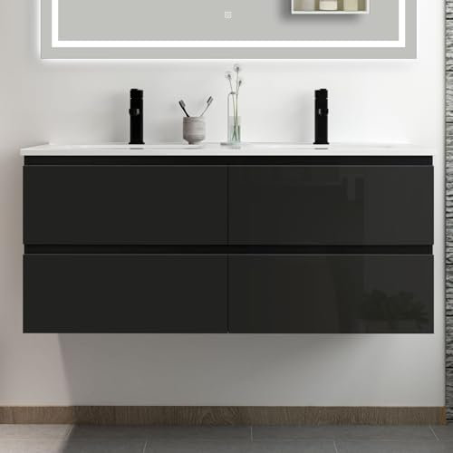 Acezanble Meuble Salle de Bain 120cm Noir Brillant avec 4 tiroirs à Fermeture Automatique et Double lavabo céramique