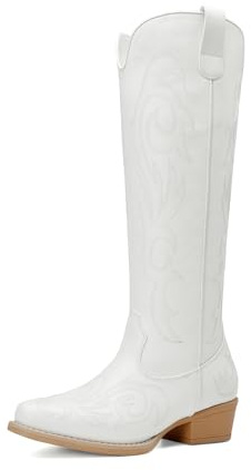 DREAM PAIRS Women's Cowboy Knee High Western Boots,White,5