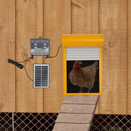 VonVVer Automatisk kycklinglucka sol med LCD-skärm 24,5 x 37 cm – elektrisk kycklinglucka med fjärrkontroll och timer kycklingdörr-ljussensor för ditt hönshus (gul)