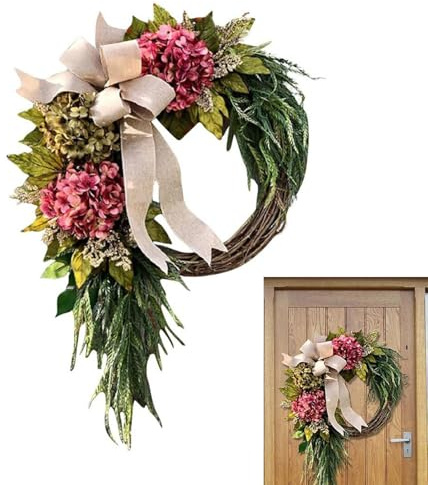 Blomkrans för ytterdörr, 39 cm, chic blomgirlang, bondgård, dörrdekoration, innervägg, prydnad för festival, bröllop, hem