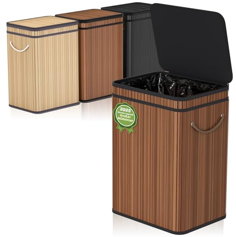 Mihoho 80 Liter große Mülleimer mit Deckel, Mülleimer Abfallkorb aus Bambus, Outdoor Mülleimer/Abfalleimer/Korb für Zuhause, Büro, Badezimmer, Küche 40X30X60 CM (Premium Walnuss)