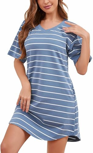 WUWUSKY Nighties for women Cotton Nightdress for Womens Short Sleeved V Neck Long Soft Nightshirts Loungewear
