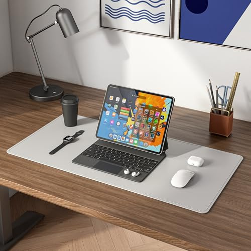 DAWNTREES Schreibtischunterlage, Schreibtischmatte für Laptop, PU-Leder,60 x 35 cm, großes Mauspad und Tastaturmatte, wasserdichter Schreibblock für Büro und Zuhause (Hellgrau)