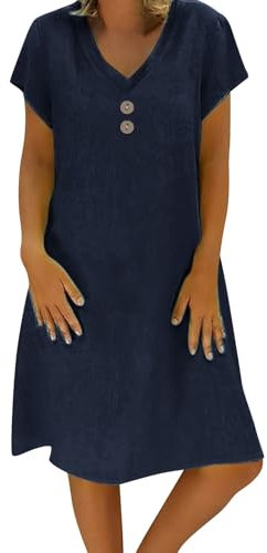 HOOUDO Dress Tape Cotton Linen Casual V Neck Midi Dress Short Sleeve A-line Sundress Ladies Tunic Boho Beach with Pockets Midi Dresses