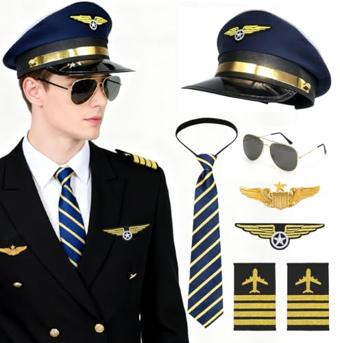 O-Kinee 7 Piezas Disfraz de Piloto para Hombre,Accesorios para Disfraces de Capitán Piloto,Gorra de Pilot,Gafas de Sol,Corbata,Insignia,Charreteras, Parches,Disfraz de Carnaval para Hombre