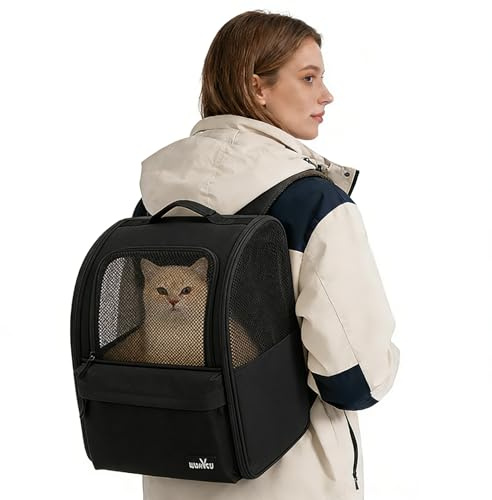 Wakytu Cat Carrier Dog Backpack, steel wire frame for higher stability, 600D durable Oxford fabric, cat and dog carrier backpacks for travel (Black, 2-7kg)