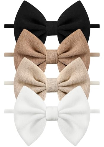 HairChrysm 4 Pcs Baby Bow Headbands, Soft Nylon Baby Girls Headbands Bow Hair Accessories for Newborn Toddlers Child