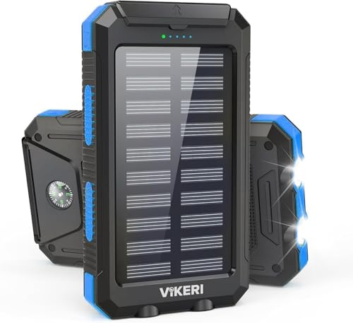 Vikeri Powerbank Solare da 26800 mAh, Power Bank Solare Impermeabile, Porta USB-C per Ricarica Rapida, con 4 uscite, per Smartphone, Tablet, ecc. (Blu)