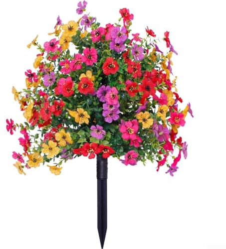 Flores violetas artificiales grandes con estacas para el suelo, decoración realista de jardín de plástico para el hogar, patio, porche, balcón, resistente a la intemperie, arreglo floral al aire libre