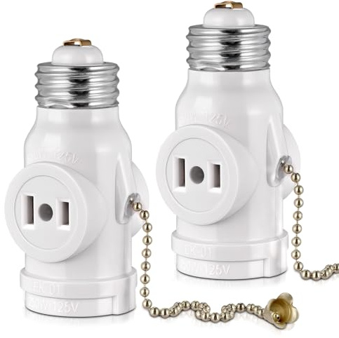 2-Pack E26 Light Socket Adapter - Converts Medium Screw Socket to Two Outlets With Pull Chain Switch - UL Listed, White