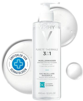 Vichy Pureté Thermale Minéral Mizellen-Reinigungsfluid für empfindliche Haut, Hautschonende Reinigung, Entfernt Make-Up und Schmutz, Mit beruhigendem Panthenol und Thermalwasser, 400 ml