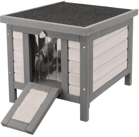 TRIXIE Insulated Outdoor Cat House, Weatherproof Cat Home with Raised Floor, Hinged Asphalt Roof & Covered Opening, Small Outdoor Shelter for Cats and Small Animal, Gray Pine Wood