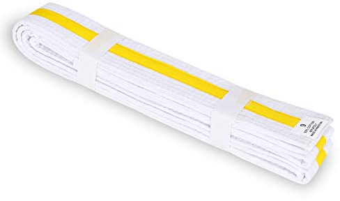 MACS White with Colored Stripe Belt 1.75'' wide Martial arts/Karate/Taekwondo (sz 0-8) (White with Yellow stripe, 7)