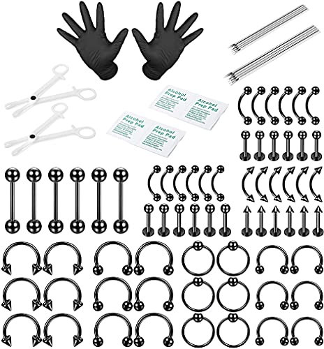LOLIAS 84PCS Professional Piercing Kit Stainless Steel 14G 16G Belly Tongue Tragus Nipple Lip Nose Ring Body Jewelry