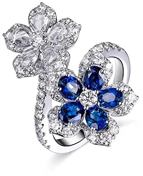IMINI Anello di promessa con doppio fiore diamante, zircone cubico trasparente, cristallo blu, fascia per dito da arrampicata, fede aperta