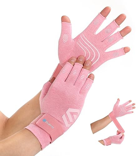 Duerer Guanti a compressione per artrite con cinghia, uomo donna per RSI, tunnel carpale, reumatismi, tendinite, dolore alle mani, supporto mani guanti senza dita per computer (Rosa, M)