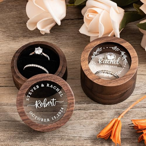 KEMEILA Custom Wedding Walnut Ring Box - Engraved Mini Wooden Ring Box - Double Slot Ring Box Proposals - Custom Rustic Ring Bearer Box - Romantic Gift for Wife Husband