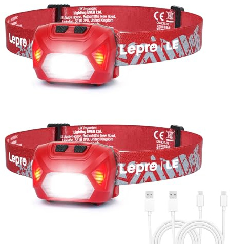 Lepro Linterna Frontal LED Recargable 2000lux (2 Pack), Linterna Cabeza USB Recargable D500, 6 Modos de Luz con Luz Rojo, Impermeable IPX4, Luz Frontal Cabeza para Correr, Camping, Excursión,Rojo