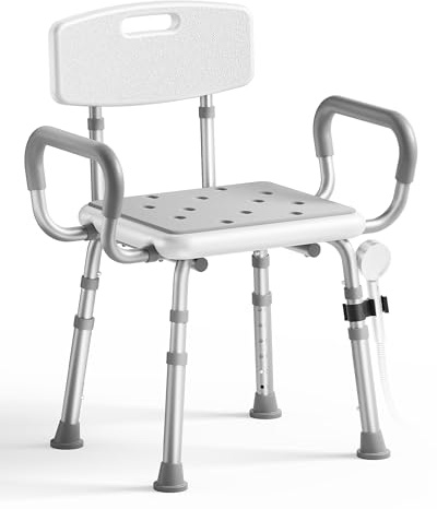 SOUNDFUSE Shower Chair for Inside Shower with Arms and Back, FSA/HSA, Height Adjustable Shower Chair for Elderly and Disabled with Enhanced Non-Slip Feet, 400 lbs Heavy Duty Shower Seat for Seniors