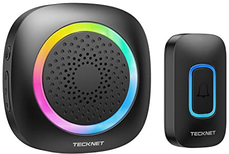 TECKNET Sonnette sans Fil Exterieur Etanche a Pile, 400M Portée, Portable Sonnette sans Fil avec Indicateur RVB, 60 Mélodies et 5 Niveaux de Volume, pour Maison, Hôtel, Bureaux, Noir
