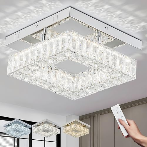 YPQXYHDA 9.8 Square Crystal Ceiling Light with Remote Mini Modern Led Square Crystal Chandelier Flush Mount Light Fixtures with Dimmable for Hallway Foyer Kitchen Staircase