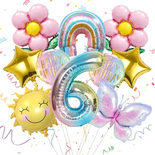 10 pcs Mariposas Sol Globos de Cumpleaños para 6 Años, Infantil Globo de Foil Colorido, Decoración Regalo para Fiesta de Cumpleaños Niño Niña