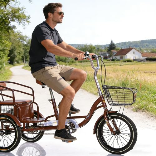 16-Tums Vuxen Trehjuling Med Baksäte Och Korg, 3-Hjuliga Cyklar, Trehjulingar Med En Pedal, Genomgående Ram I Högkolstål, Lasttrehjuling För Seniorer Kvinnor Och Män Brown
